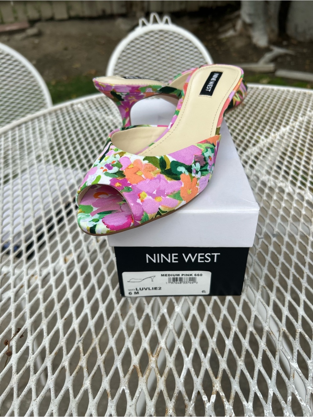 Nine West Floral Open-Toe Kitten Heel Sandals in Pink and Green - Picture 2 of 2